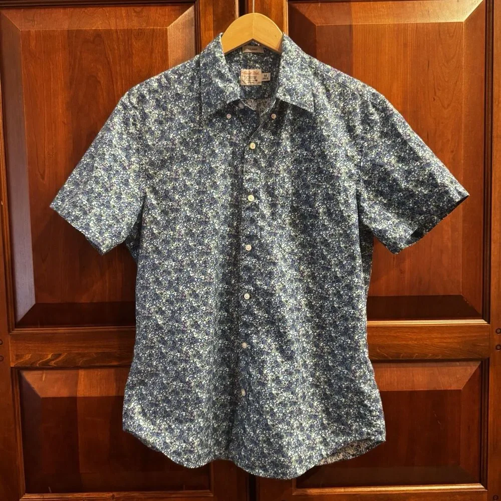 J.Crew Secret Wash Floral Button Down Cotton Shirt Blue Green Classic Fit Medium